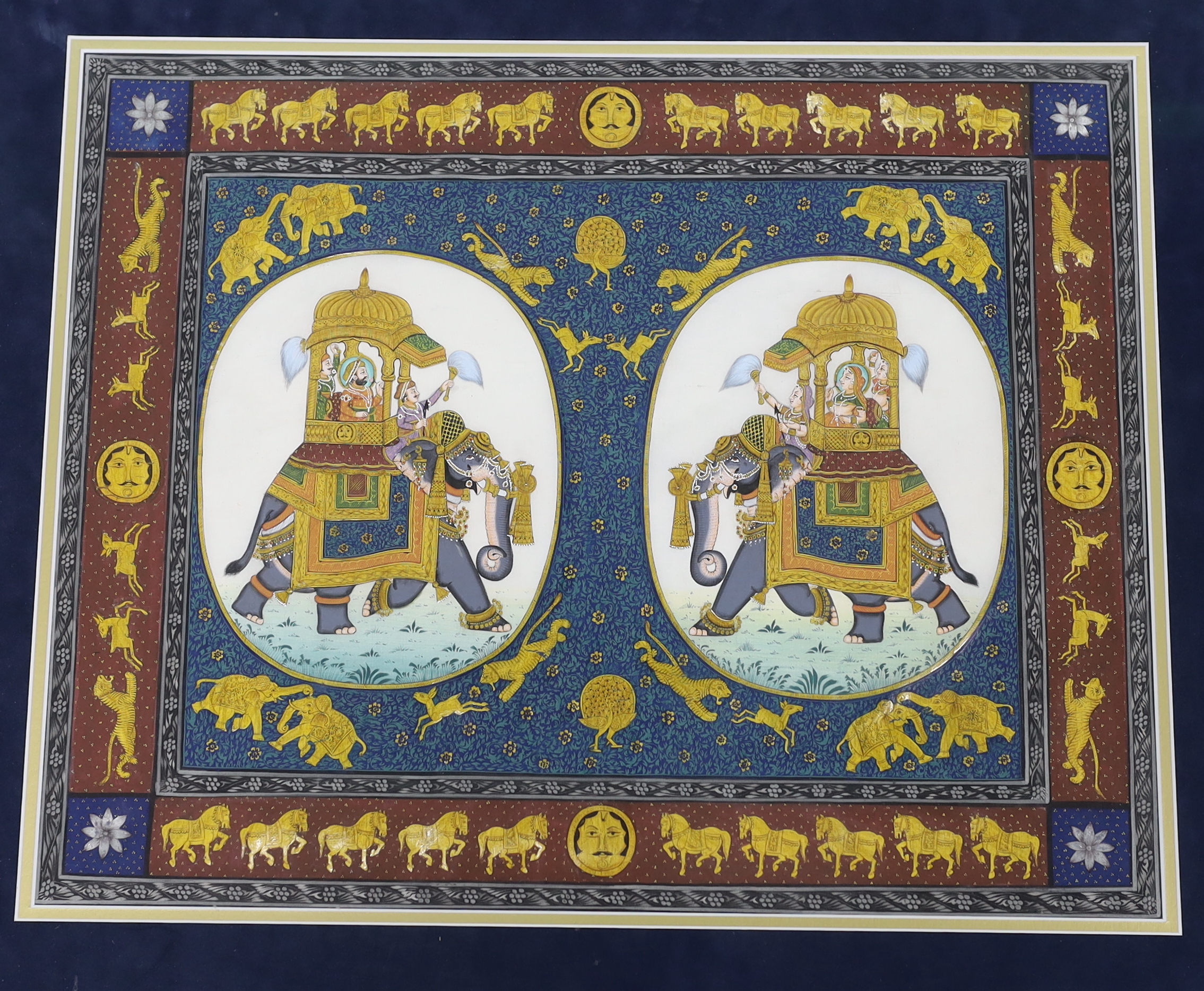 Indian Mughal style, gouache on fabric, Procession of elephants and figures, 42 x 52cm